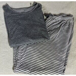 Croft & Barrow Womens Pajama Set Gray Top & Striped Pants Size Large Soft
